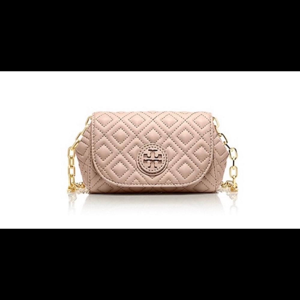 Tory Burch Marion Quilted Blush Fleming Leather Cross-Body Bag on Gold Chain